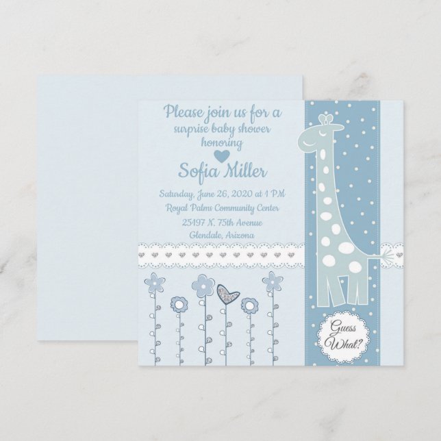 Invitación de Baby Shower a la jirafa azul (Anverso / Reverso)