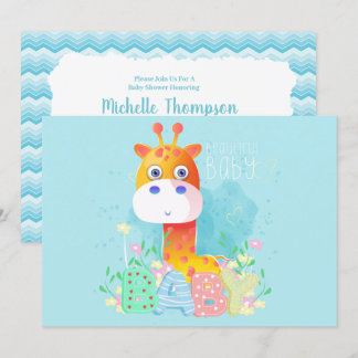 Invitación de Baby Shower a la jirafa azul dulce