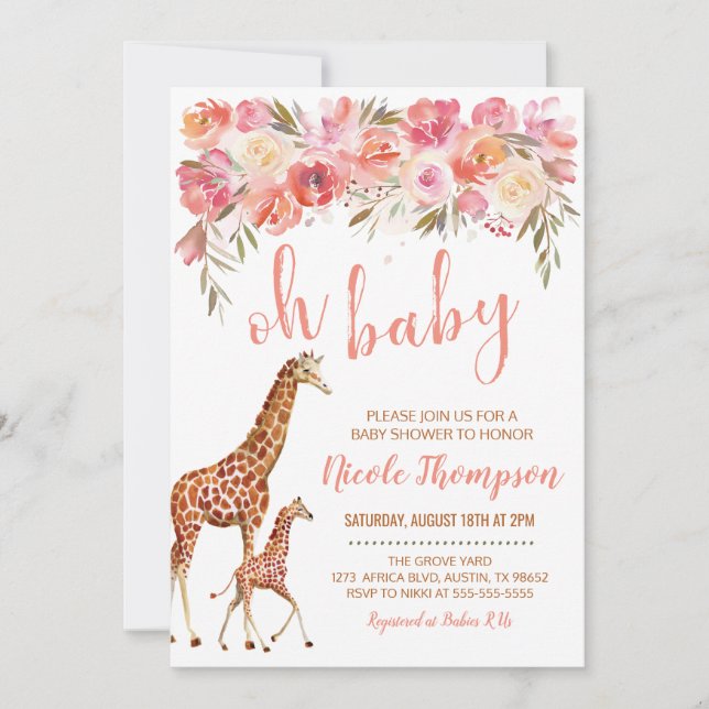 Invitación de Baby Shower a la jirafa floral rosa (Anverso)