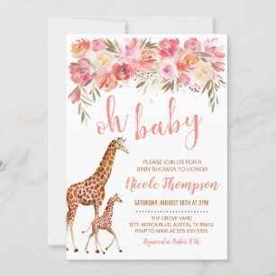 Invitación de Baby Shower a la jirafa floral rosa