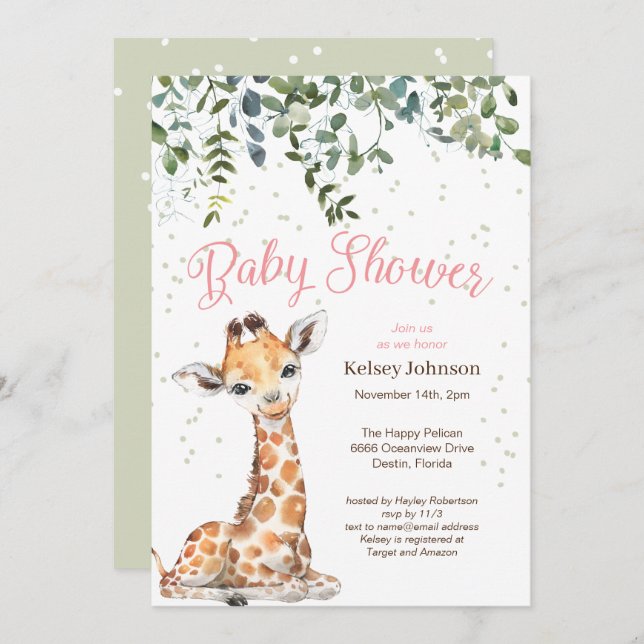 Invitación de Baby Shower a la jirafa rosa Safari (Anverso / Reverso)