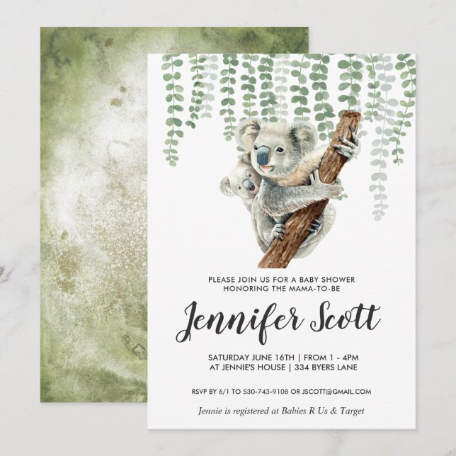 Invitación de Baby Shower a la jungla de Koala (Anverso / Reverso)
