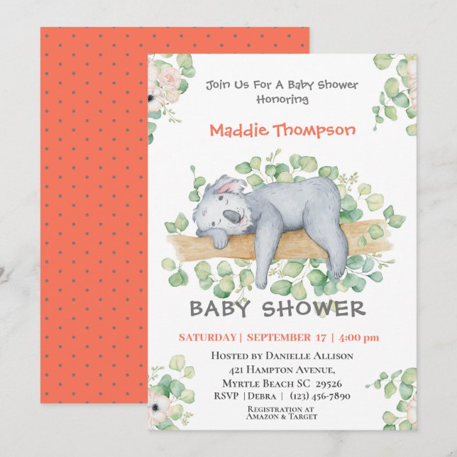 Invitación de Baby Shower a la jungla de Koala (Anverso / Reverso)