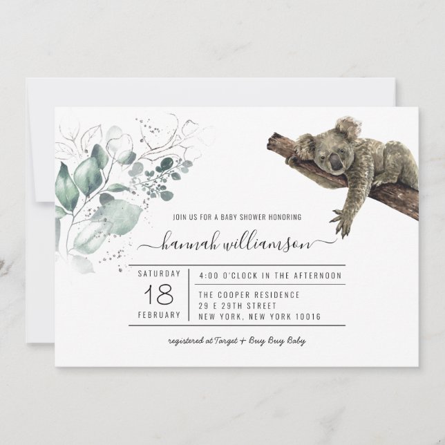 Invitación de Baby Shower a la jungla de Koala (Anverso)