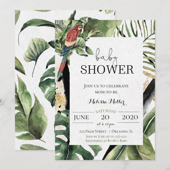 Invitación de Baby Shower a la jungla de loro trop (Anverso / Reverso)