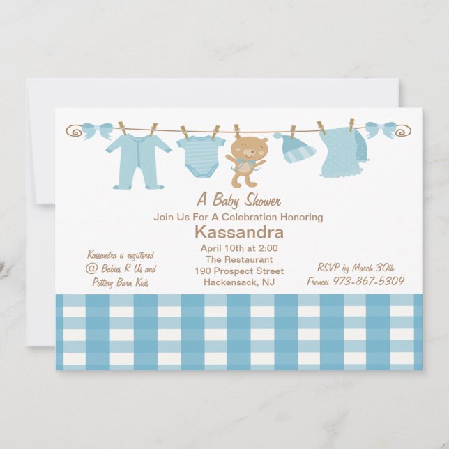 Invitación de Baby Shower a la línea de ropa con c (Anverso)