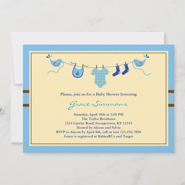 Invitación de Baby Shower a la línea de ropa de la (Anverso)