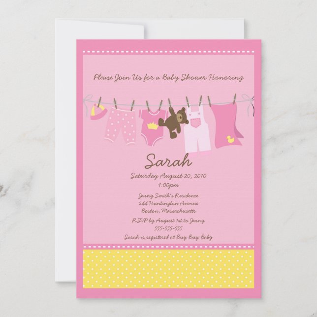 Invitación de Baby Shower a la línea de ropa rosa (Anverso)