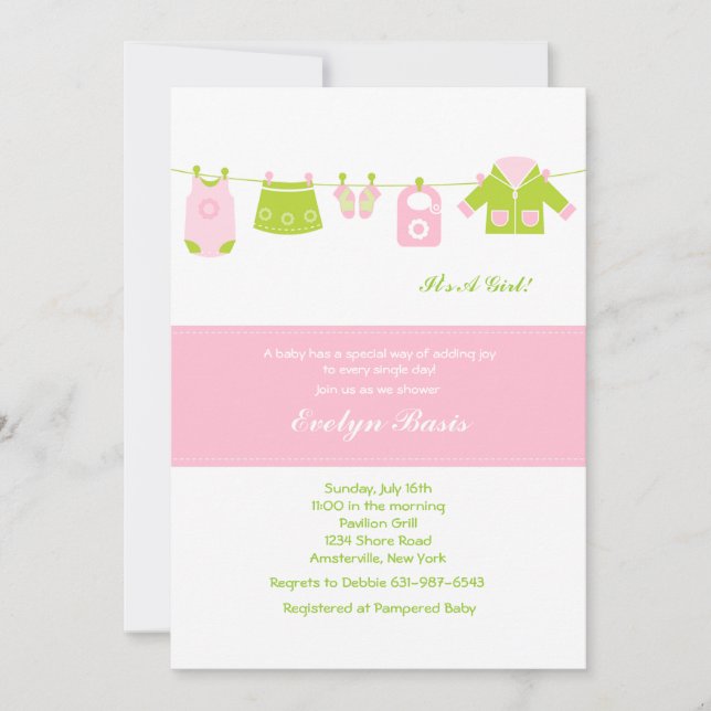 Invitación de Baby Shower a la línea de ropa rosa (Anverso)