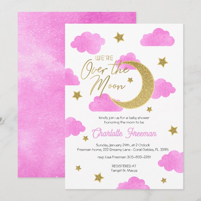 Invitación de Baby Shower a la Luna de Oro Rosa y  (Anverso / Reverso)