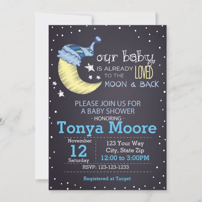 Invitación de Baby Shower a la luna y atrás (chico (Anverso)