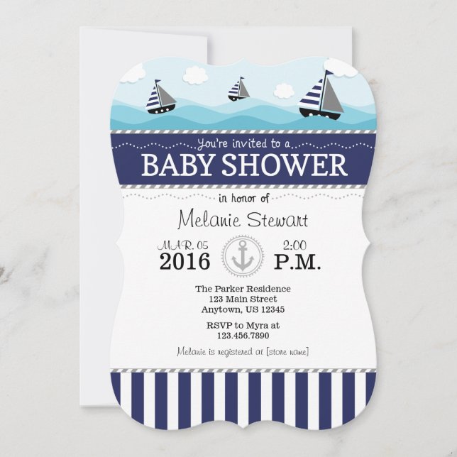 Invitación de Baby Shower a la Marina Náutica Azul (Anverso)