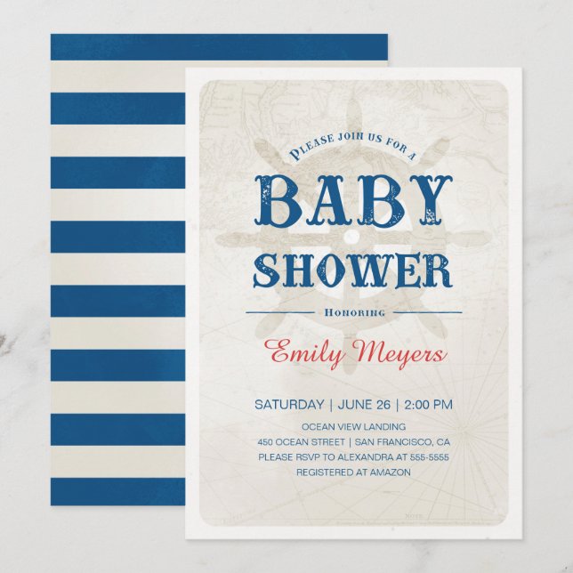 Invitación de Baby Shower a la Marina Náutica Azul (Anverso / Reverso)