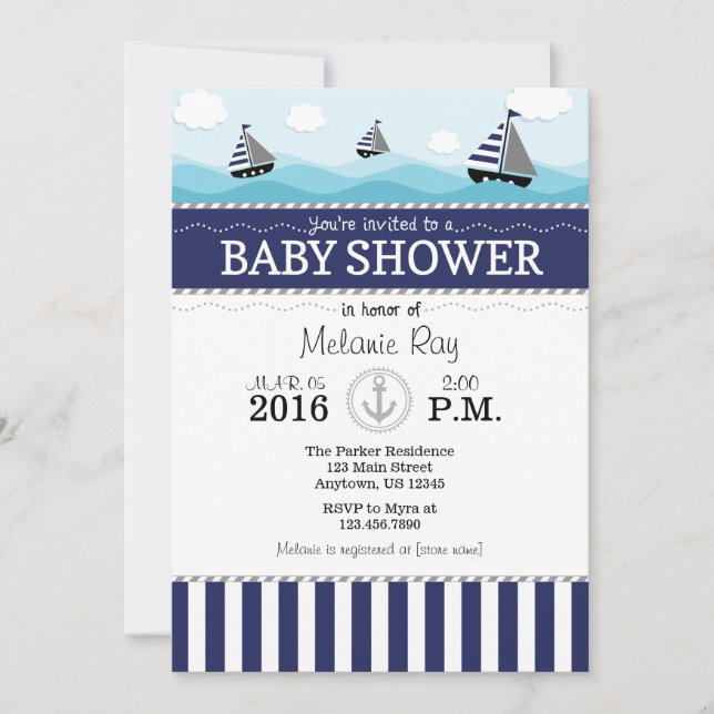 Invitación de Baby Shower a la Marina Náutica Azul (Anverso)