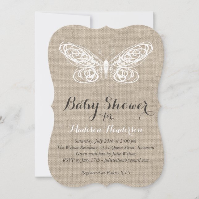 Invitación de Baby Shower a la mariposa Burlap (Anverso)