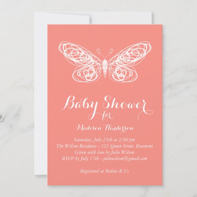 Invitación de Baby Shower a la mariposa coral (Anverso)