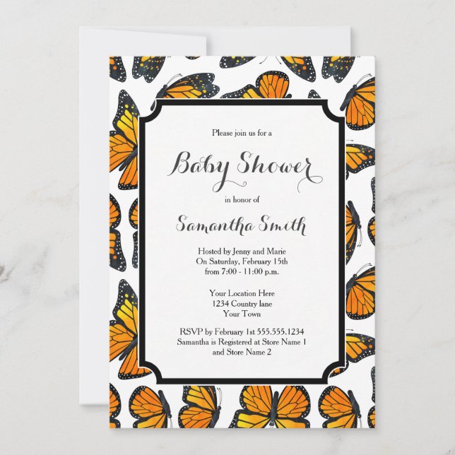 Invitación de Baby Shower a la mariposa monarca (Anverso)