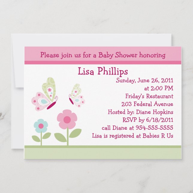 Invitación de Baby Shower a la mariposa y flores d (Anverso)