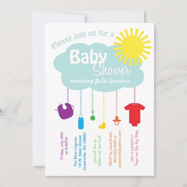 Invitación de Baby Shower a la nube arcoiris (Anverso)