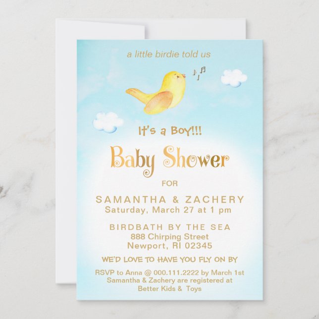 *~* Invitación de Baby Shower a la nube de birdie  (Anverso)