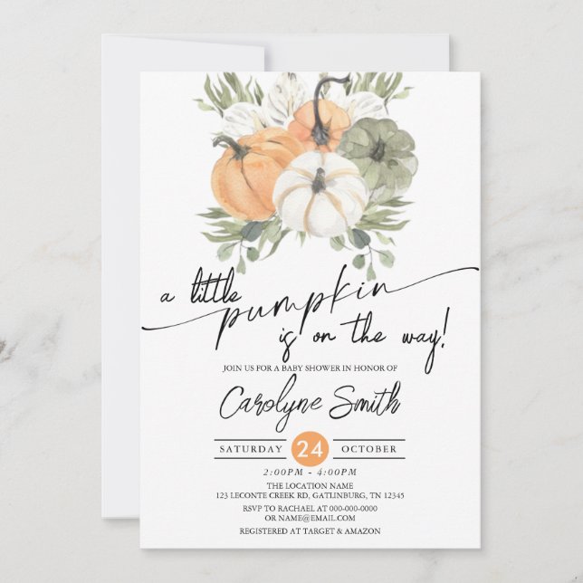 Invitación de Baby Shower a la pequeña calabaza ca (Anverso)