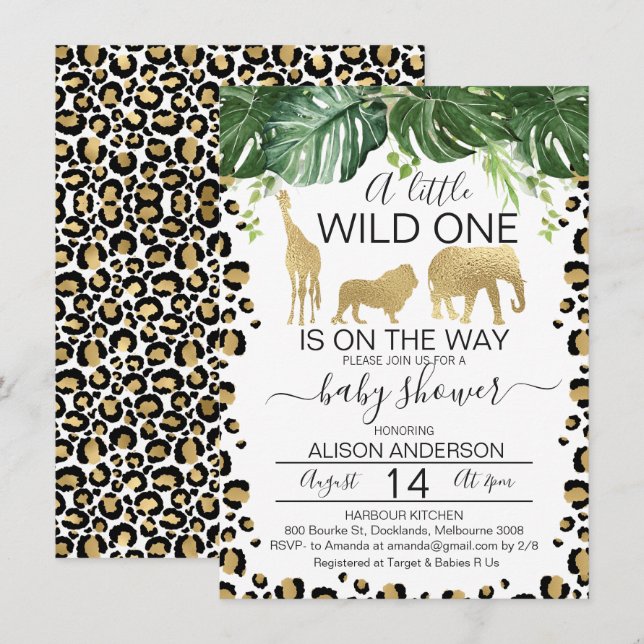 Invitación de Baby Shower a la piel de leopardo de (Anverso / Reverso)