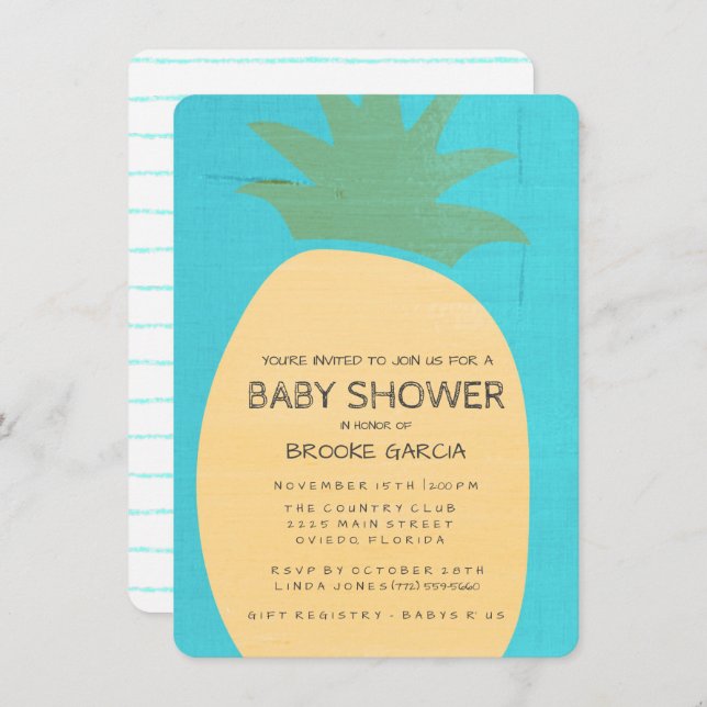 Invitación de Baby Shower a la piña azul tropical (Anverso / Reverso)