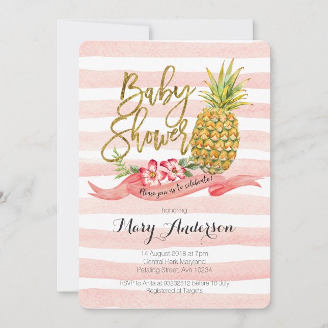 Invitación de Baby Shower a la piña tropical (Anverso)