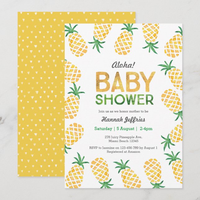 Invitación de Baby Shower a la piña tropical (Anverso / Reverso)