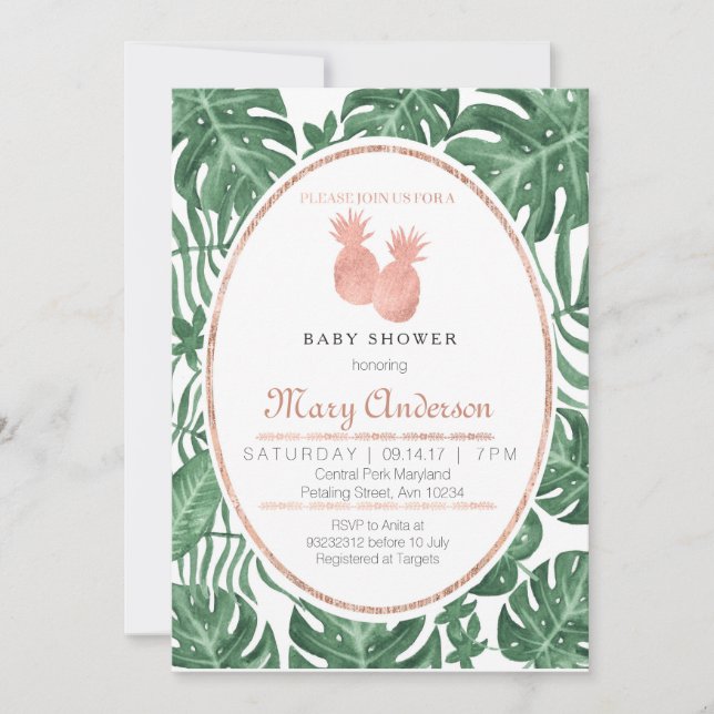 Invitación de Baby Shower a la piña tropical (Anverso)