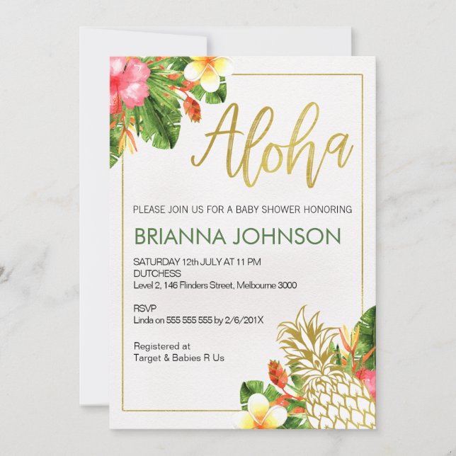 Invitación de Baby Shower a la piña tropical de Al (Anverso)