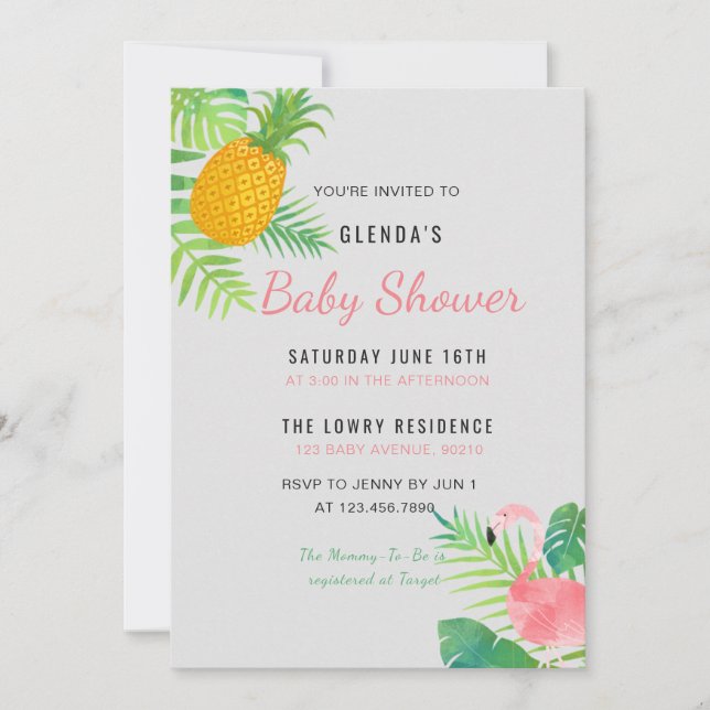 Invitación de Baby Shower a la piña tropical Flami (Anverso)