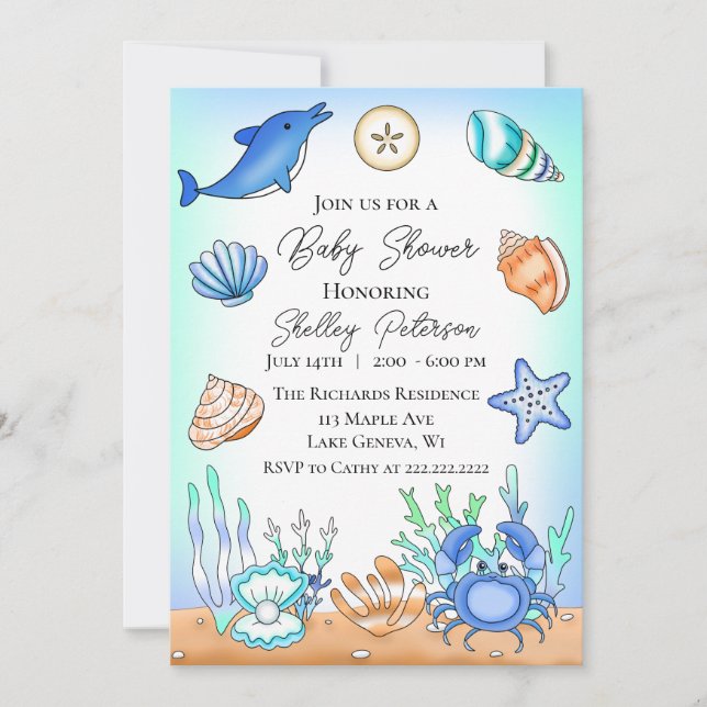Invitación de Baby Shower a la playa de Cute Blue  (Anverso)