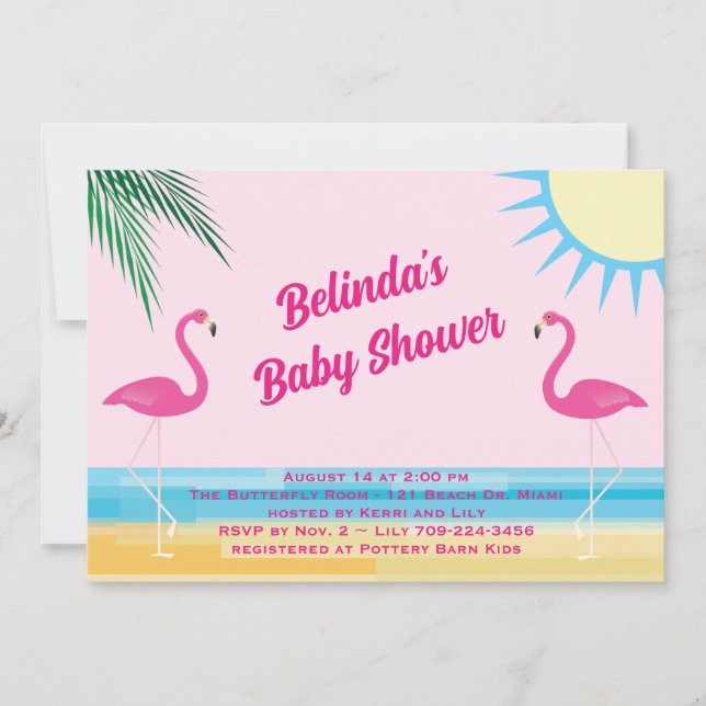Invitación de Baby Shower a la playa tropical rosa (Anverso)