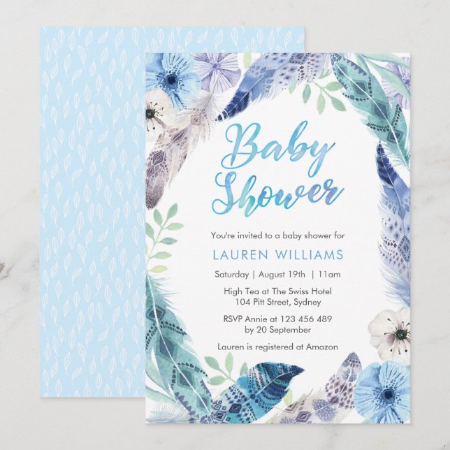 Invitación de Baby Shower a la pluma azul Boho (Anverso / Reverso)