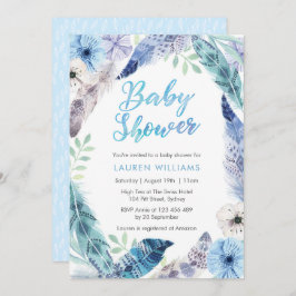 Invitación de Baby Shower a la pluma azul Boho