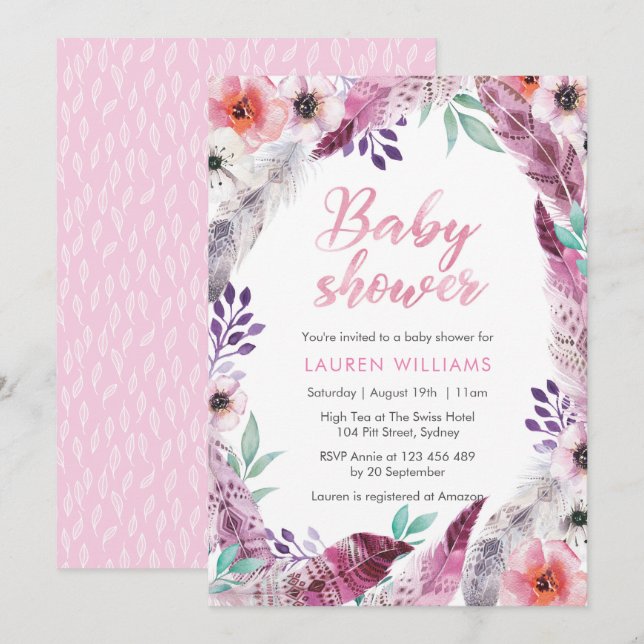 Invitación de Baby Shower a la pluma rosa Boho (Anverso / Reverso)