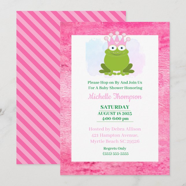 Invitación de Baby Shower a la rana rosa y verde (Anverso / Reverso)