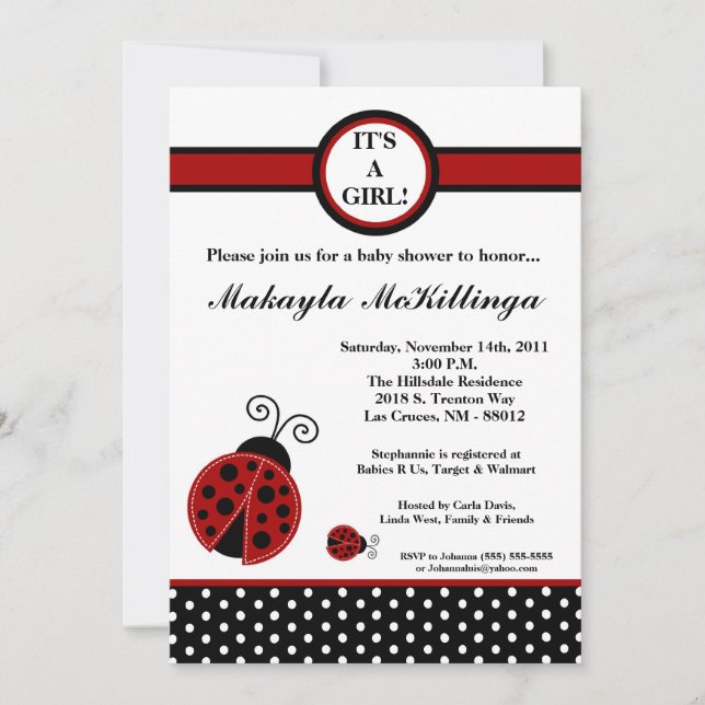 Invitación de Baby Shower a la Red Lady Bug Girly  (Anverso)