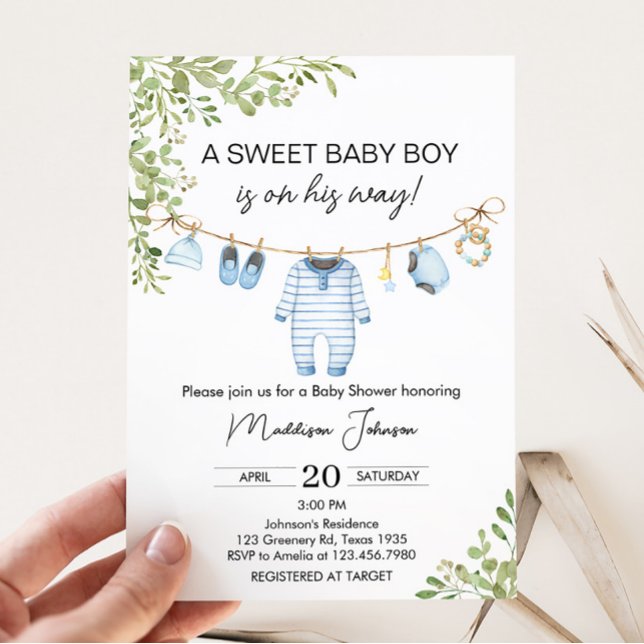 Invitación de Baby Shower a la ropa de bebé azul (Boho Baby Clothes Baby Shower Invitation)