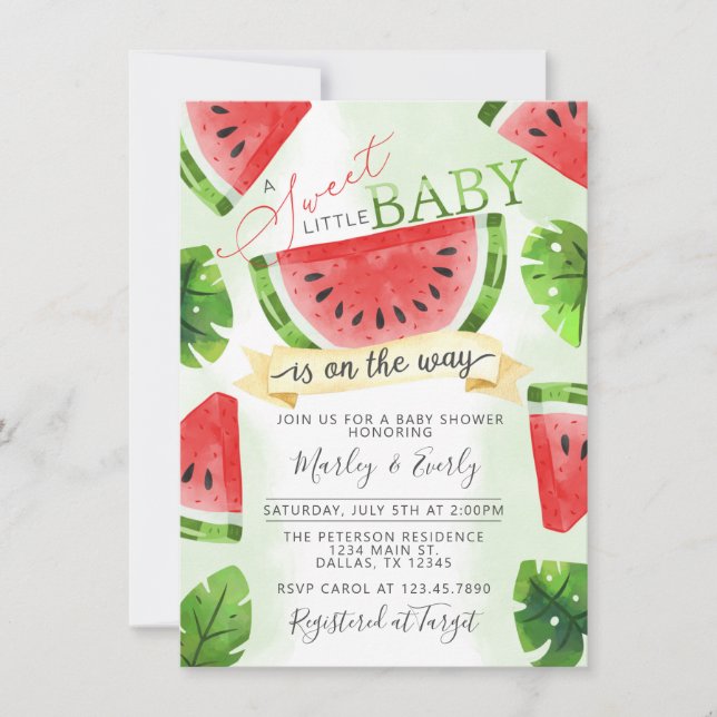 Invitación de Baby Shower a la sandía roja tropica (Anverso)