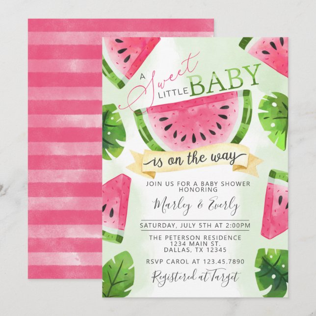 Invitación de Baby Shower a la sandía rosa tropica (Anverso / Reverso)