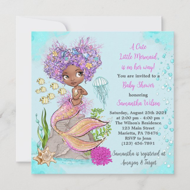 Invitación de Baby Shower a la sirena africana (Anverso)