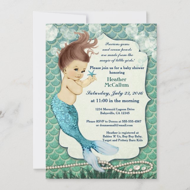 Invitación de Baby Shower a la sirena para chica (Anverso)