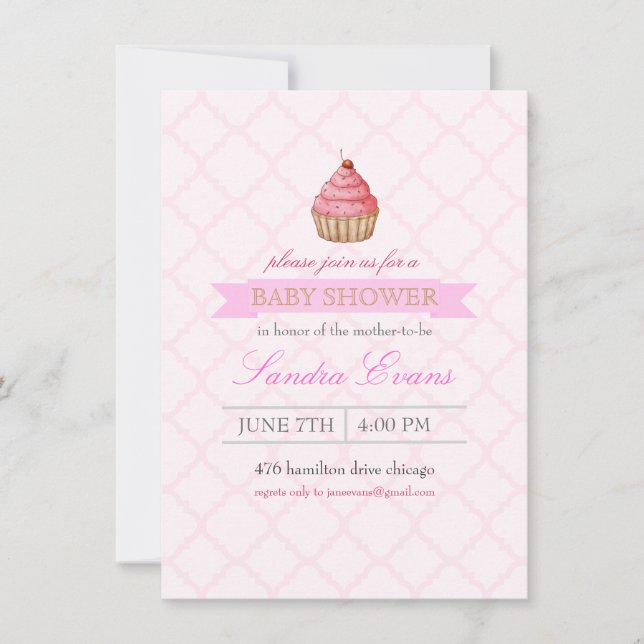 Invitación de Baby Shower a la torta de rosado (Anverso)