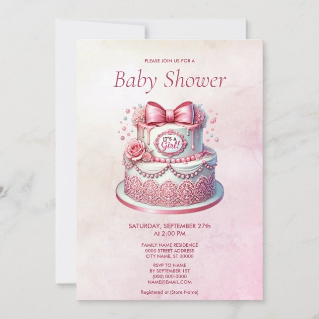 Invitación de Baby Shower a la torta rosada decora (Anverso)