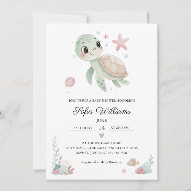 Invitación de Baby Shower a la tortuga marina cost (Anverso)
