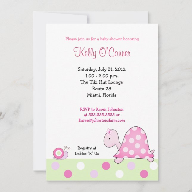 Invitación de Baby Shower a la tortuga rosa de Lon (Anverso)