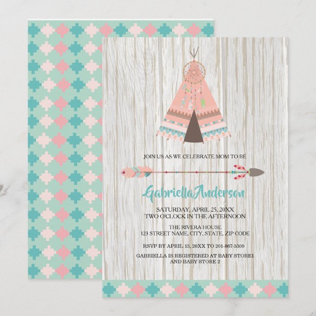 Invitación de Baby Shower a la Tribal Teepee Rusti (Anverso / Reverso)