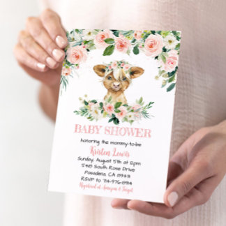 Invitación de Baby Shower a la vaca rosada floral